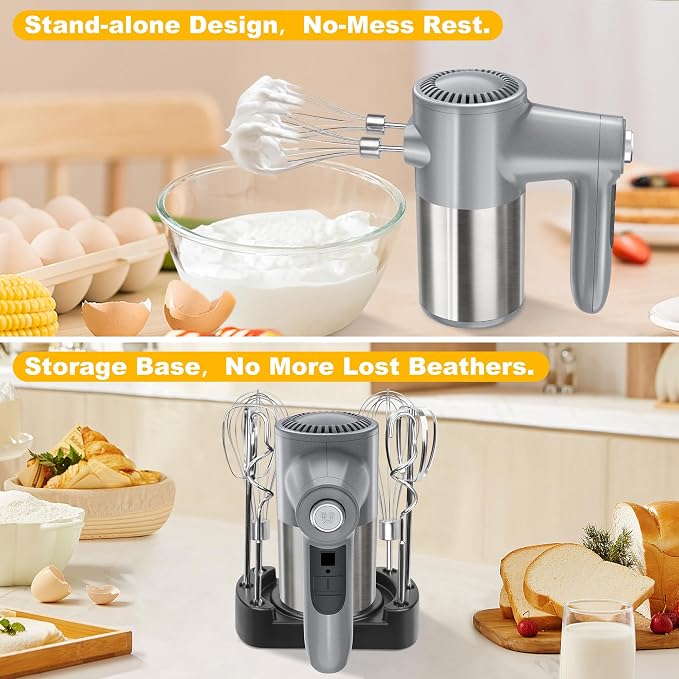 binROC Cordless Electric Hand Mixer, 7-Speed with Storage Base, Silver | Rechargeable, Eject Button, Long Battery, Quiet Anti-Splash, 6×304 Stainless Attachments, Self-Stand for Cake, Dough Baking