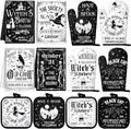 SiliFine 12 Pcs Halloween Kitchen Towels Oven Mitts Pot Holders Set | Gothic Witch Black Cat Skull Prints, Halloween Kitchen Accessories, Home Cooking Baking Protection, Holiday Decorations
