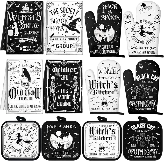 SiliFine 12 Pcs Halloween Kitchen Towels Oven Mitts Pot Holders Set | Gothic Witch Black Cat Skull Prints, Halloween Kitchen Accessories, Home Cooking Baking Protection, Holiday Decorations