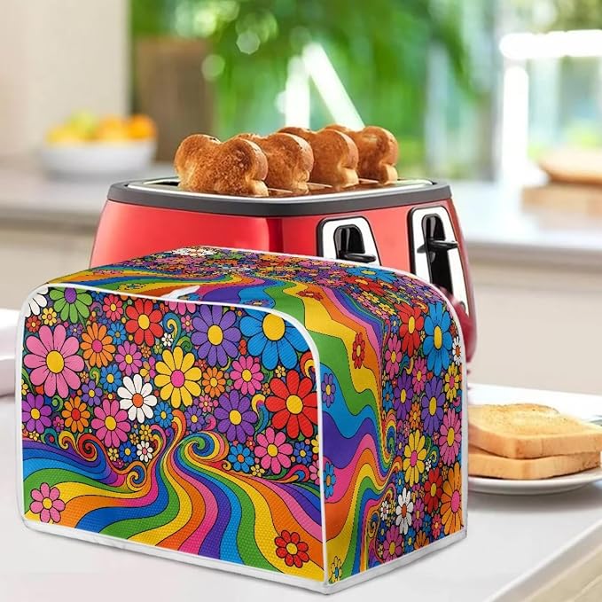 Hippie Floral Print Toaster Cover 2 Slice Anti Fingerprint Toaster Oven Dust Cover Washable Kitchen Appliance Dust Covers, Kitchen Decorations