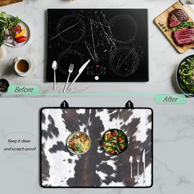 Cow Print Stove Top Covers for Electric Stove Animal fur Black Brown White Classic Glass Top Gas Stove Pad Heat Resistant Range Cooktop Mat for Kitchen 28"x20"