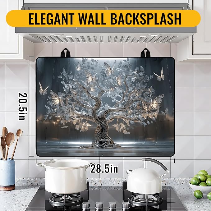 NYZE 28" x 20" Electric Stove Top Cover - Silver Tree of Life Glass Stovetop Protector Mat, Heat Resistant Silicone Stove Topper & Counter Space Saver for Modern Kitchen Decor