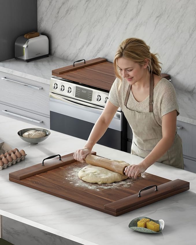 Bluewest Gas Stove Burner Covers, Wooden Noodle Board with Handle, Walnut | Extra-thick wooden RV stovetop and sink cover doubles as a tray, creating extra kitchen counter space for prep and serving.