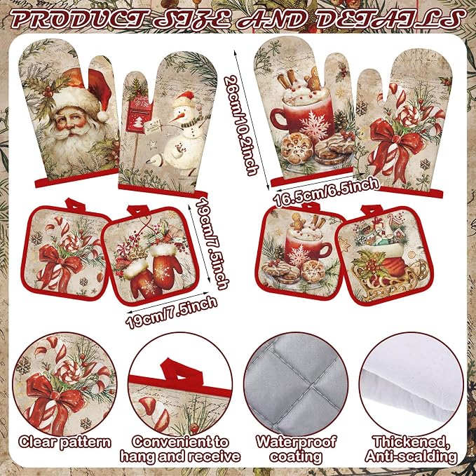 SiliFine 12 Pcs Christmas Kitchen Accessories Set Retro Snowman Pot Holders Vintage Santa Oven Mitts Xmas Tree Kitchen Towels for Farmhouse Christmas Home Decorations, Cooking Baking Holiday Gifts