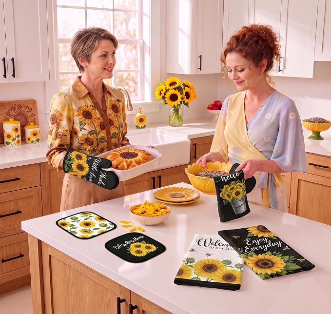 Tieshankao 10Pcs Sunflower Kitchen Decor Accessories Set | Sunflower Floral Theme, Kitchen Towels, Oven Mitts, Pot Holders, Rugs and Mats, Baking Supplies, Housewarming Gifts