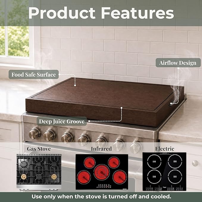 Wood Stove Top Cover for Gas Stove Top - Noodle Board Stovetop Cover for Gas Stove | Wooden Stove Cover Cutting Board with Handles | Butcher Block Stove Top Covers for Electric and Gas Burners
