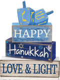 Lineshading 4 Pcs Wooden Hanukkah Decor Farmhouse Blocks with Dreidel | Tiered Tray Display, Rustic Tabletop Signs with HAPPY LOVE LIGHT Text, Home Shelf Decorations, Jewish Holiday Gift