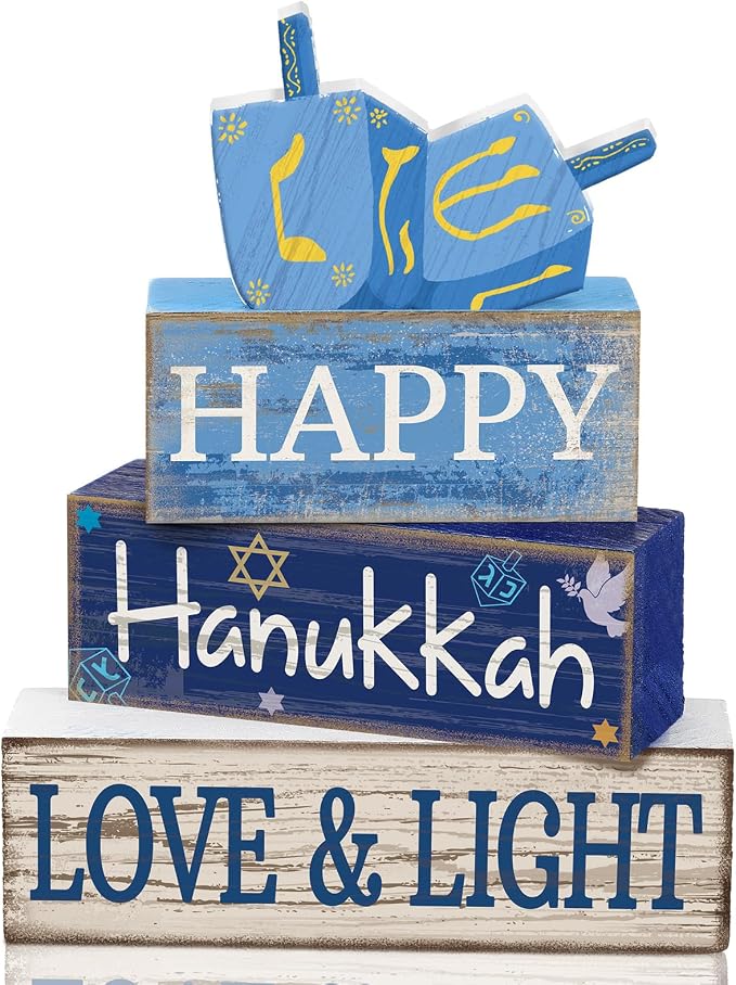 Lineshading 4 Pcs Wooden Hanukkah Decor Farmhouse Blocks with Dreidel | Tiered Tray Display, Rustic Tabletop Signs with HAPPY LOVE LIGHT Text, Home Shelf Decorations, Jewish Holiday Gift