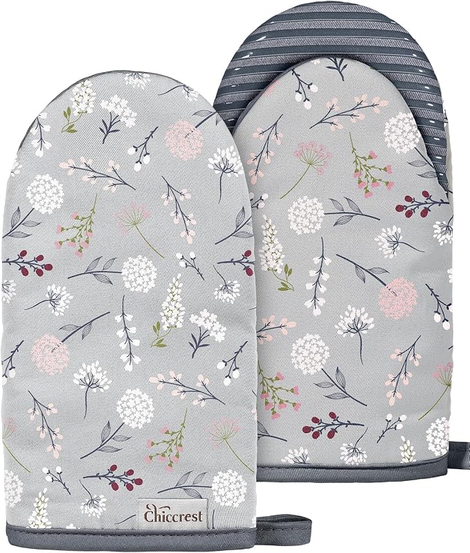 100% Thick Cotton Mini Oven Mitts Silicone Grip Grey Floral | Elegant Classic Oven Mitts for Women, Machine Washable, Non-Slip, Reversible Design Fits Both Hands, Stylish Kitchen Decor