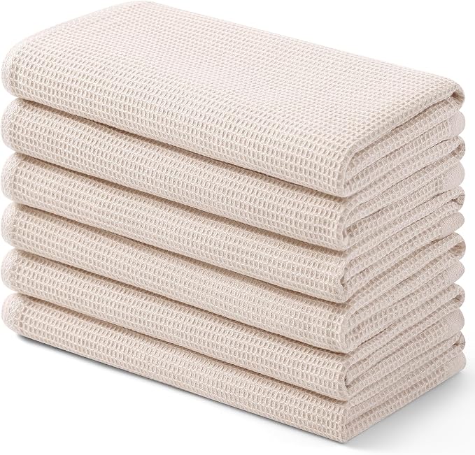 Homaxy 100% Cotton Waffle Weave Kitchen Towels, 6 Pack, Beige | Soft and Absorbent Dish Towels, 16 x 26 Inches Quick Dry Hand Towels