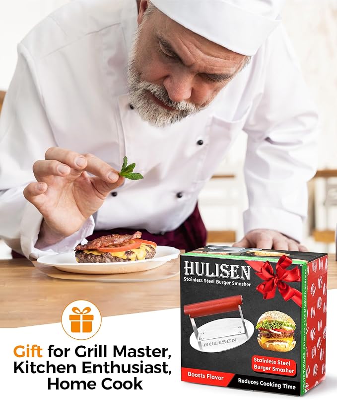 HULISEN Stainless Steel Burger Press, 6.2-Inch Round Burger Smasher | Flat Edge, Heat-Resistant Wooden Handle, Even Pressure for Thin Patties, Griddle Accessories Fit Flat Top Griddles & Skillets