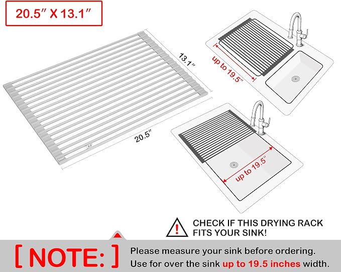 20.5 x 13.1 Inch Roll-Up Dish Drying Rack, Fits Across Sink Openings up to 19.5 Inches, Heavy-Duty Premium Silicone, Strong Support, Non-Slip, Heat-Resistant, Warm Gray