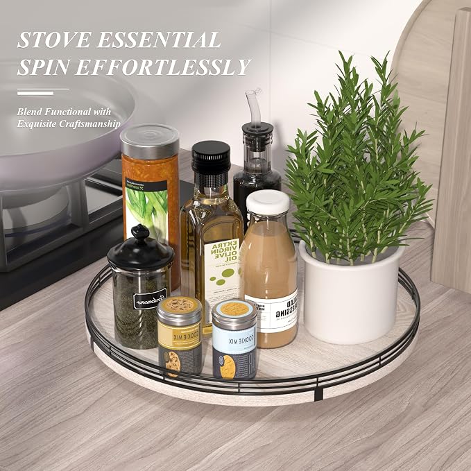 AMH 16-Inch Whitewashed Farmhouse Oak Lazy Susan Organizer | Smooth rotating oak tray with walnut finish for dining tables, kitchen counters, pantries and cabinet storage.