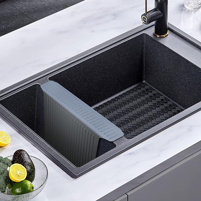 Bligli Silicone Sink Divider Mat, Large Durable Sink Saddle Pad with No Suction Cup, Kitchen Divided Sink Protector Mat for Glassware Dishes, Easy to Clean and No Smell, 12.8" x 17.6" (Grey,1 PACK)