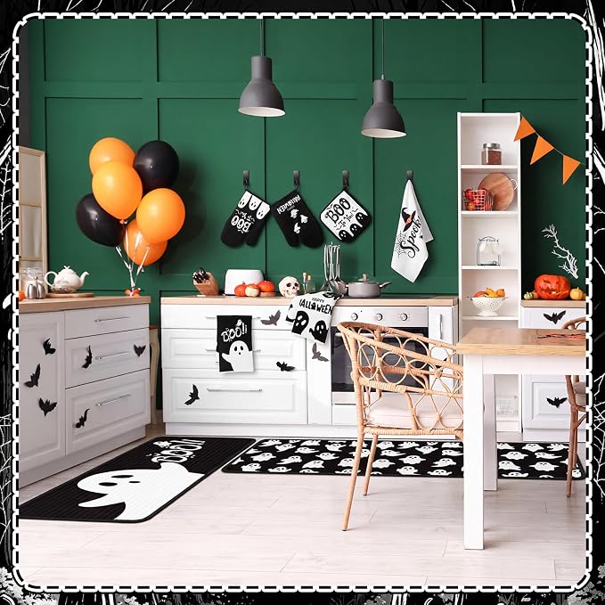 Fanfanwin 10 Pcs Halloween Ghost Kitchen Decor Set Ghost Kitchen Rugs Towels Pot Holders Oven Mitts Set for Baking Cooking BBQ Halloween Decorations
