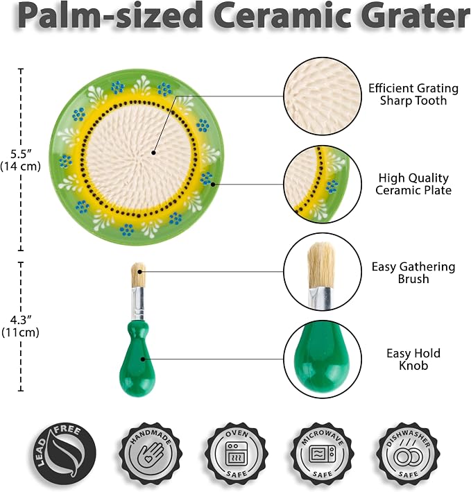 Ceramic Garlic Grater Plate Set – Handmade 4-Piece Press & Natural Grinder for Ginger, Cheese & Spices – Decorative Hand Dish (Green)
