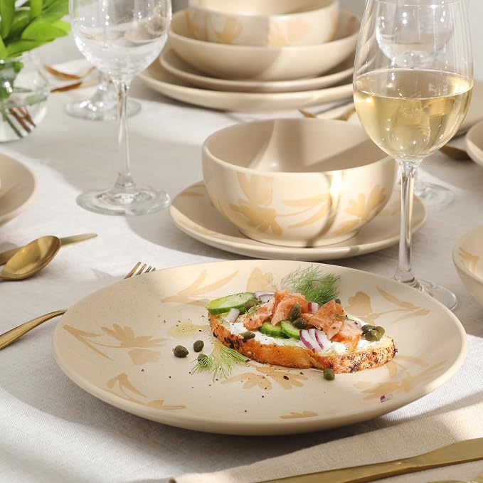 Gibson Home Admiral Hall Plates and Bowls Set, 16-Piece Floral Dinnerware Set, Cream Stoneware Dish Set, Dinner Plates, Salad Plates, Pasta Bowls & Cereal Bowls