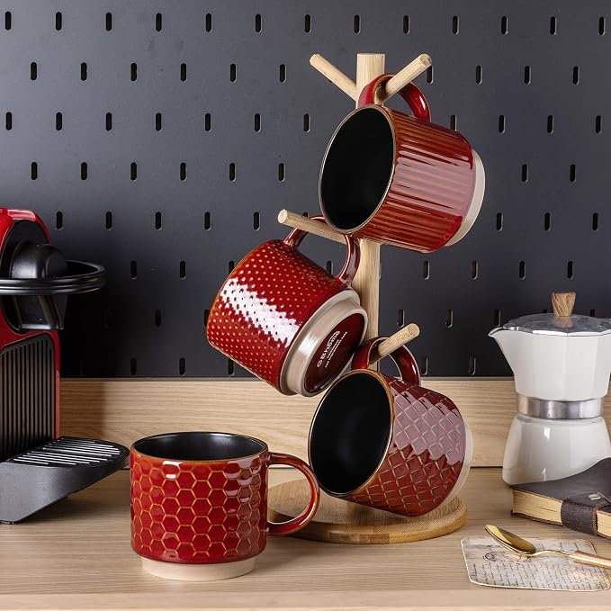 GBhome 12 OZ Stackable Coffee Mugs Set of 4, Ceramic Coffee Cups Set | 4 Assorted Designs, Embossed Mugs with Texture Patterns for Tea/Coffee, Dishwasher&Microwave Safe, Red