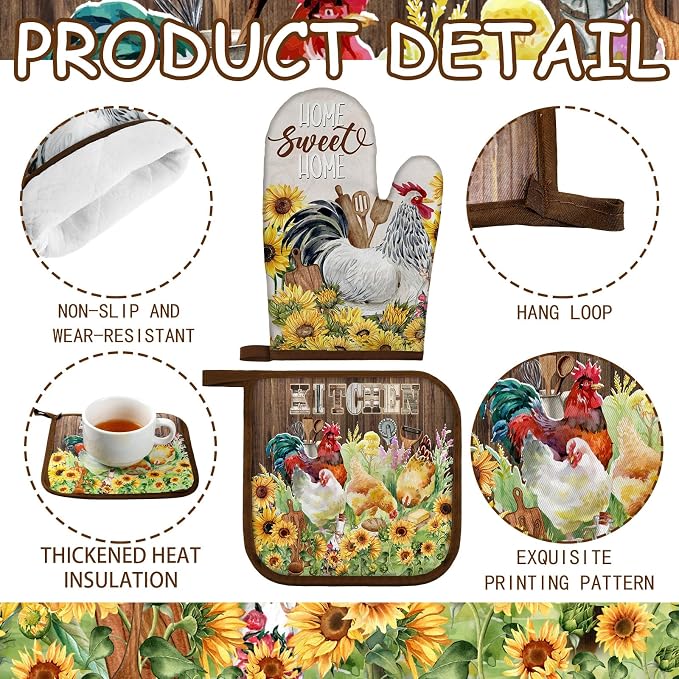 Leinuosen 6 Rooster Sunflower Farmhouse Kitchen Decor Dish Towels Oven Mitts and Pot Holders Sets Chicken Kitchen Towels Absorbent Decorative Accessories for Cooking Baking Grilling