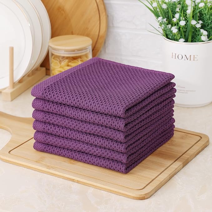 Kitinjoy 100% Cotton Kitchen Dish Cloths, 6 Pack Waffle Weave Ultra Soft Absorbent Dish Towels for Drying Dishes Quick Drying Kitchen Towels Dish Rags, 12 X 12 Inches, Violet | Ultra Absorbent, Super Soft, lightweight, Quick Drying Dish Rags for Washin...