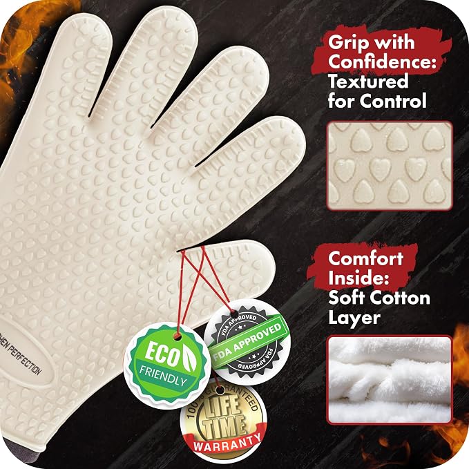 KITCHEN PERFECTION S Silicone Smoker BBQ Gloves - Heat Resistant Oven Mitts | Made For Women, Waterproof, 5-Finger Design For A Better Grip, For Meat Smoking, Grilling, Cooking, Frying Turkey, Grill Gift