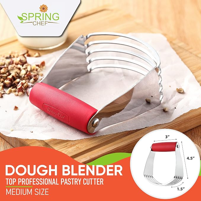 Spring Chef Medium Dough Blender Hand Tool - Durable Pastry Cutter - Red | Heavy Duty Dough Mixer w/ Stainless Steel Blades, Professional Pastry Blender for Easy Mixing, Dishwasher Safe