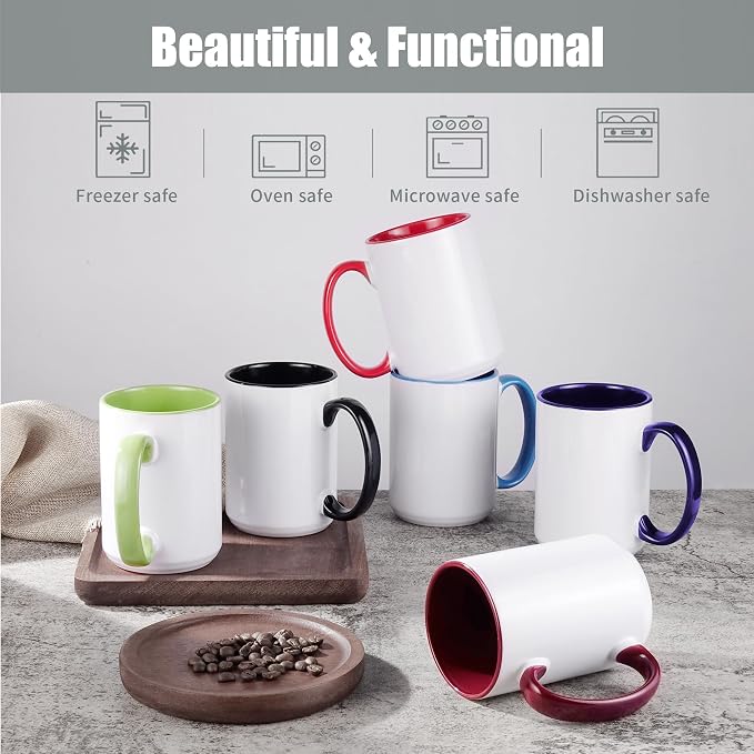 TANGLONG 12PC 15oz Sublimation coffee Mugswith Box -6 White and 6 Black | Ceramic Cup for for Coffee, Tea, Latte, Soup,Sublimation Blanks,Tazas Para Sublimar,Heat Sensitive Coffee Mugs,homemade gifts