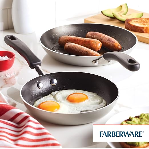 Farberware Non Stick Frying Pans Set, 2-Pc Cookstart Aluminum DiamondMax | Skillet Set with 8.25" and 10" Nonstick Skillets, Comfortable Grip, Easy to Clean, Oven Safe, & Dishwasher Safe (Silver)