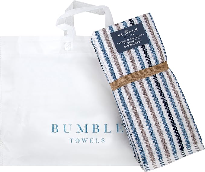 Bumble Kitchen Towels 6 Pack 100% Cotton 16"x26" - Blue Wide Stripe | 430 GSM Soft Kitchen Hand Towels with Hanging Loop, Highly Absorbent & Durable for Washing and Drying Dishes