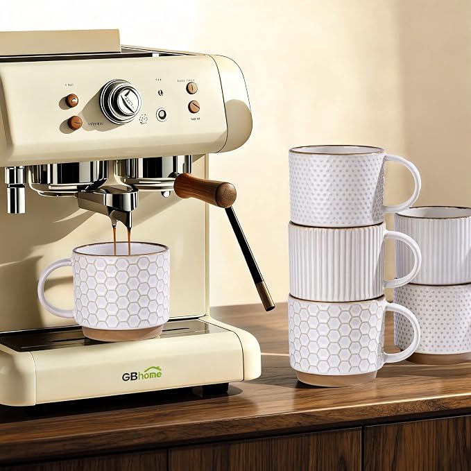 GBhome 15 OZ Stackable Coffee Mugs Set of 4, Ceramic Coffee Cups Set | 4 Assorted Designs, Embossed Mugs with Texture Patterns for Tea/Coffee, Dishwasher&Microwave Safe, Off White