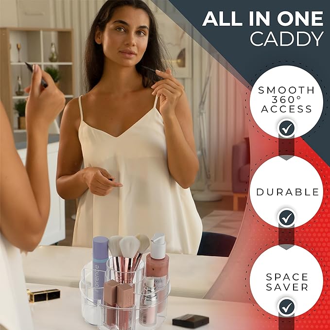 Masirs Small 360 Rotating Makeup Organizer, 5 Compartments, Round Clear | Small 360 Rotating Makeup Organizer, 5 Compartments, Acrylic Mini Lazy Susan, Vanity Bathroom Counter, Round Clear