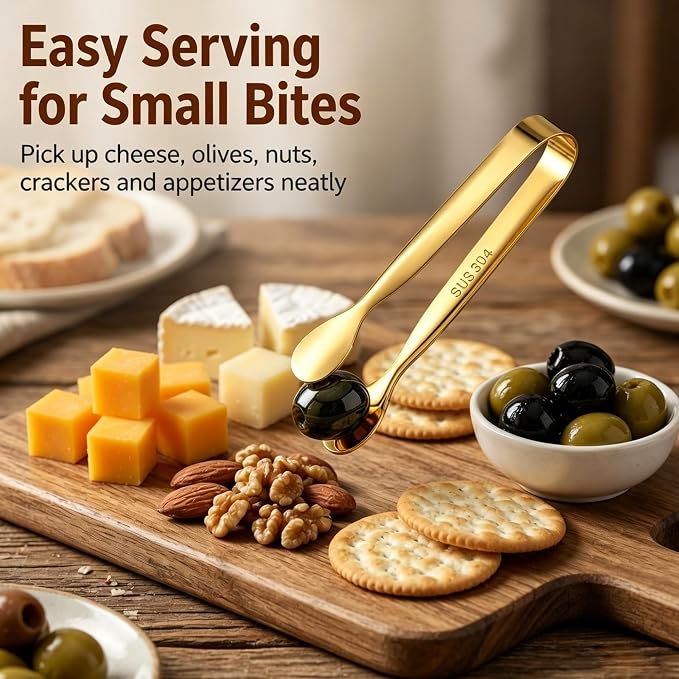 Mini Serving Tongs Set of 8, 4.25" Gold Stainless Steel Spoon Design | Perfect for Sugar Cubes, Charcuterie, Tea Parties, Dessert Bars, Candy Buffets. Elegant Multi-Station Serving for Events