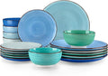 vancasso Bonita Plates and Bowls Set 18 Pieces Blue Stoneware Service for 6 | Modern Round Dinnerware Sets, Hand-Painted Spiral Dishes Set-Microwave and Dishwasher Safe (Blue,18 Pcs)