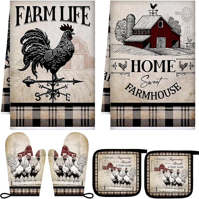 Leinuosen 6 Barn Farm Farmhouse Kitchen Decor Dish Towels Oven Mitts and Pot Holders Sets Chicken Kitchen Towels Absorbent Decorative Accessories for Cooking Baking Grilling
