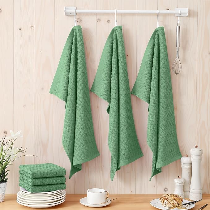 Homaxy 100% Cotton Terry Kitchen Towels(15" x 25", 6 Pack), Grass Green | Soft and Super Absorbent Dish Towels, 380 GSM Reusable Tea Towel with Hanging Loop, Pineapple Grid Designed
