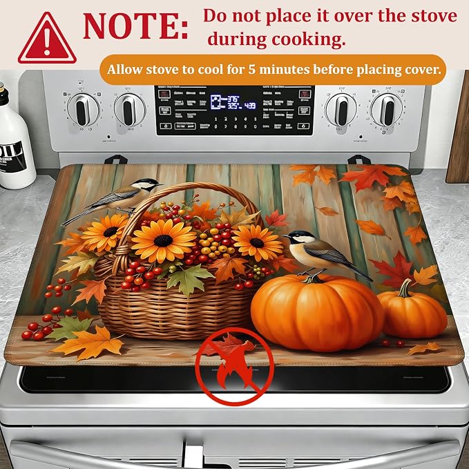Fall Flowers Pumpkin Glass Top Stove Cover Protector,Cute Bird Stove Top Covers for Electric Stove,Washable Heat Resistant Cooktop Mat Anti-Slip Range Covers, 28 x 20 Inch