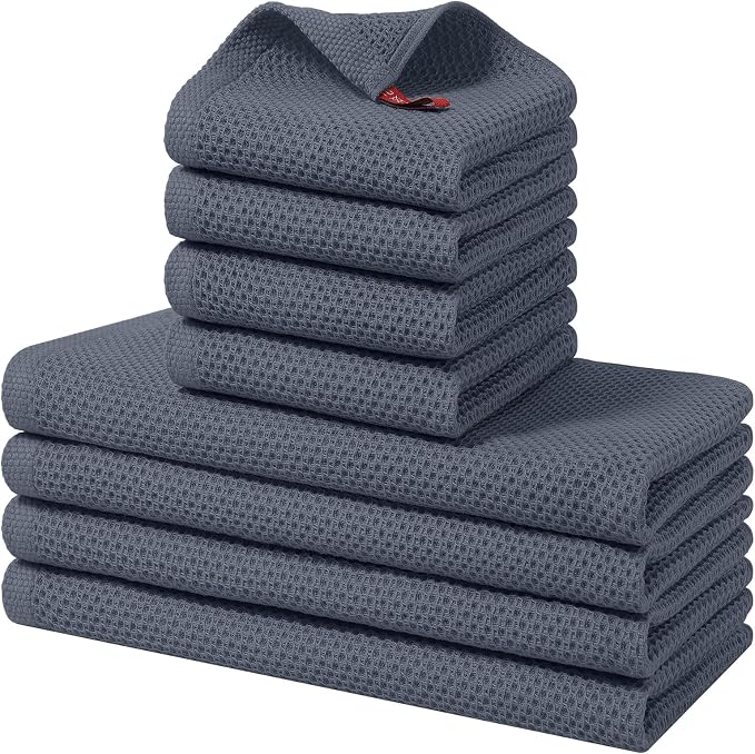 Homaxy 8 Pack 100% Cotton Kitchen Towels and Dishcloths Set, Dark Grey | 12 x 12 Inches and 13 x 28 Inches Kitchen Towels Set, Ultra Soft Absorbent Dish Cloths for Washing Dishes