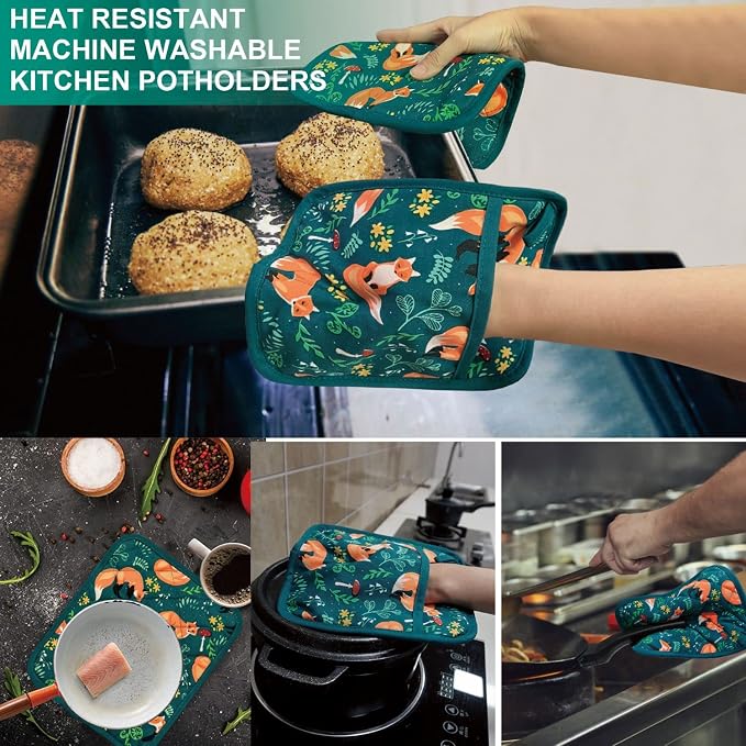 Pot Holders Set of 2 Heat Resistant 480℉ Kitchen 100% Cotton | Comfortable Lining Printing Fox Flower Women Men Home Cooking Baking Microwave BBQ Gift(fox flower)