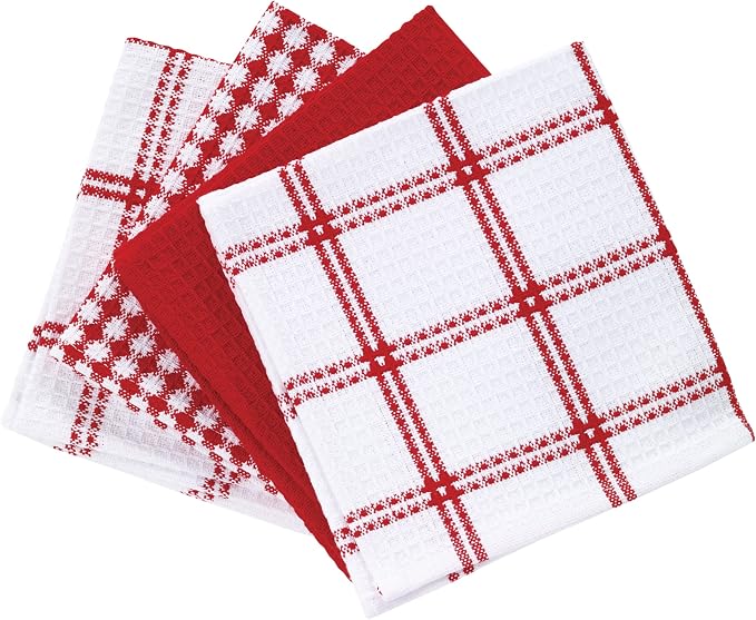 T-Fal Premium Waffle Dish Cloths: Highly Absorbent, Super Soft Long Lasting - 100% Cotton, 12"x13" Towel for Cleaning & Drying, (4-Pack), Red
