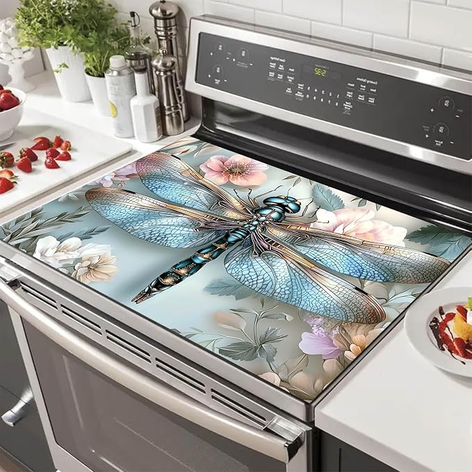 HOMETITUTE Dragonfly Stove Top Cover 28x20 Blue Metallic Diatomite Mat