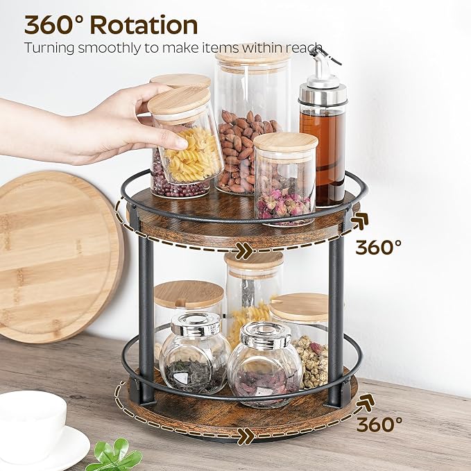 Spice Rack, Set of 2 Lazy Susan Organizer, 2-Tier Turntable Organizer, Rotating Spice Rack Organizer For Cabinet, Compact and Versatile, for Kitchen Countertop, Rustic Brown SR22L2BR