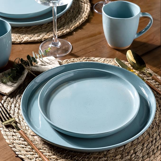 AmorArc Dinnerware Sets for 6, 18 Pieces Ceramic Plates and Bowls Set | Scratch Resistant Stoneware Dishes Set, Dishwasher & Microwave Safe, Stone Blue