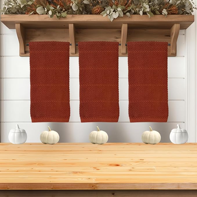 Cinnamon Maroon Rust Kitchen Dish Towels, Set of 3, 100% Cotton, 18" x 28" | Terry Loop Textured, Soft & Absorbent Cleaning Cloth, Quick Dry, Multipurpose for Everyday Use