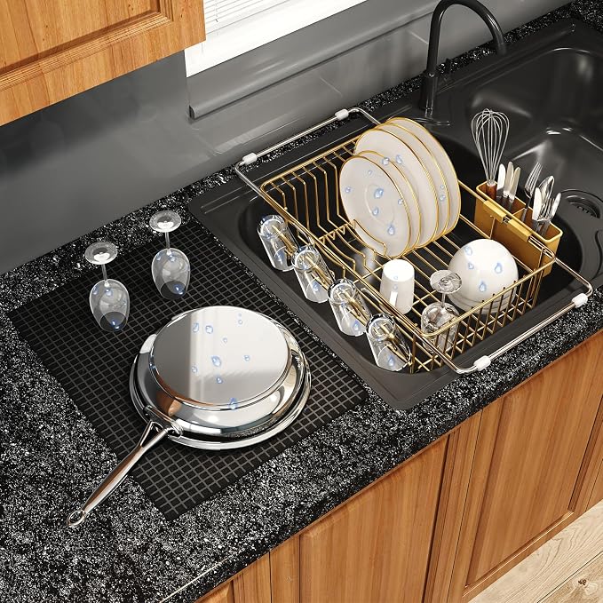 Gold Dish Drying Rack Over The Sink with Utensil Holder, Mat | Expandable Stainless Steel Dish Drainer for Small Kitchen, Apartment, RV, Counter Space Saving, Perfect Fit, Rustproof