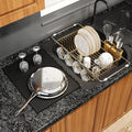 Gold Dish Drying Rack Over The Sink with Utensil Holder, Mat | Expandable Stainless Steel Dish Drainer for Small Kitchen, Apartment, RV, Counter Space Saving, Perfect Fit, Rustproof