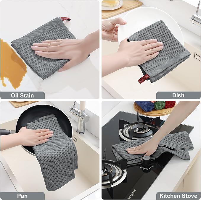 Homaxy 12 Pack 100% Cotton Kitchen Towels and Dishcloths Set, Grey | 12 x 12 Inches and 13 x 28 Inches Kitchen Towels Set, Ultra Soft Absorbent Dish Cloths for Washing Dishes