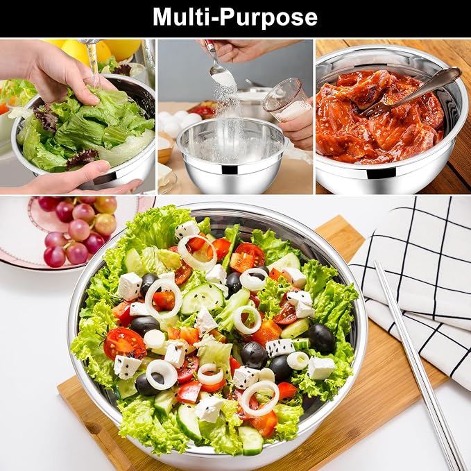 E-far Mixing Bowls with Lids Set, 6-Piece Stainless Steel Salad Bowls | Metal Nesting Cooking Bowls with Airtight Lid for Kitchen Storage, Baking & Prepping, Dishwasher Safe, 1.5/3/4.5 QT