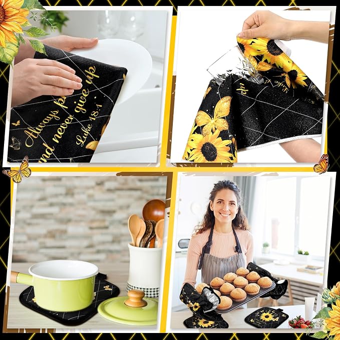 Fourluoo 10 Pcs Sunflower Butterfly Kitchen Dish Towels Rugs Oven Mitts and Pot Holders Set Farmhouse Kitchen Decor Set for Women Mom Daughter Gift Cooking Baking Grilling (Bright Black)