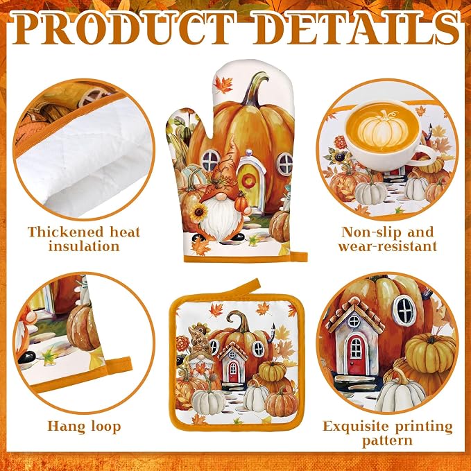 Fanfanwin 10 Pcs Fall Pumpkin Kitchen Decor and Accessories Set Autumn Kitchen Towels Rugs Pot Holders Oven Mitts Set Gnome Maple Leaves Decorations for Baking Cooking BBQ Autumn Home