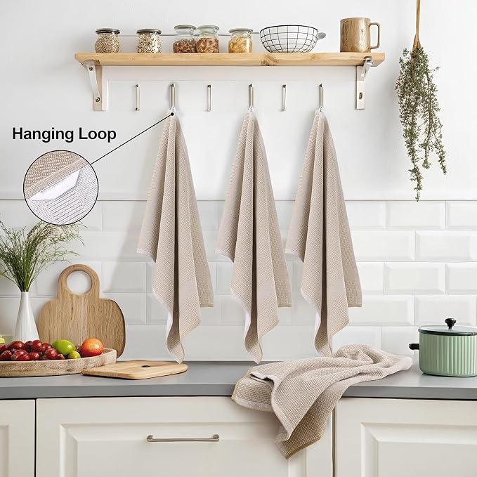 Mordimy Premium Large Cotton Kitchen Towels (18"x 28", 12 Pack), Khaki | 100% Ring Spun Cotton, Super Absorbent, 380 GSM, Flat & Terry, Soft, Hanging Loop Dish Towels